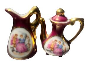 Vintage Miniature Teapot w/ Lid & Water Pitcher Burgundy w/ Gold Trim Made Japan